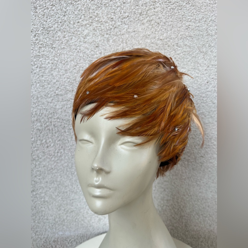 Vintage cap casque style hat bronze feathers with rhinestones M Mr. Hi’s Classic